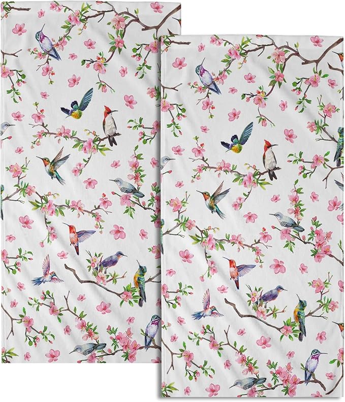 Birds Flower Hand Towel 2 Pack Hummingbird on Branch Pink Floral Decorative Kitchen Dish Towels Watercolor Bird Spring