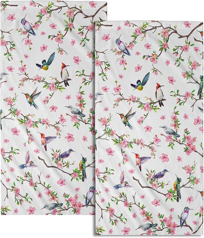 Birds Flower Hand Towel 2 Pack Hummingbird on Branch Pink Floral Decorative Kitchen Dish Towels Watercolor Bird Spring