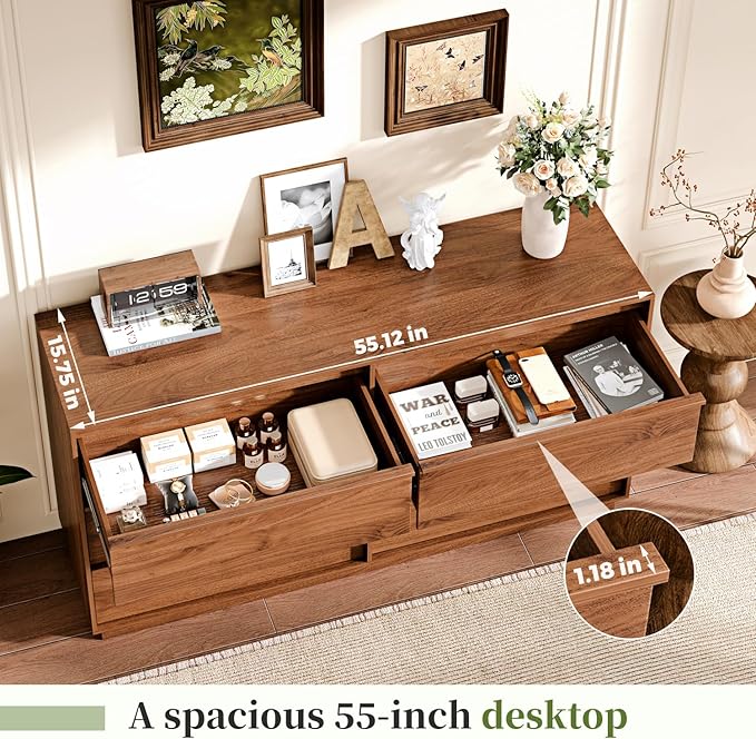 55.12" Modern Chest of Drawer, 6 Deep Drawers,Clothes Organizer,Large Storage Cabinet for Living Room, Bedroom,Dresser TV Stand, Wood Drawer Organizer for Living Room, Hallway, Brown