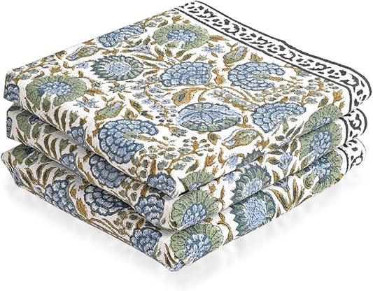 Ridhi Asparagus Green Hand Block Print Waffle Kitchen Towel Set of 3-16 x28 Ultra Absorbent Quick Dry 100% Cotton Waffle Dish Towels Lightweight Reusable Sustainable Tea Towels for Cleaning and Drying