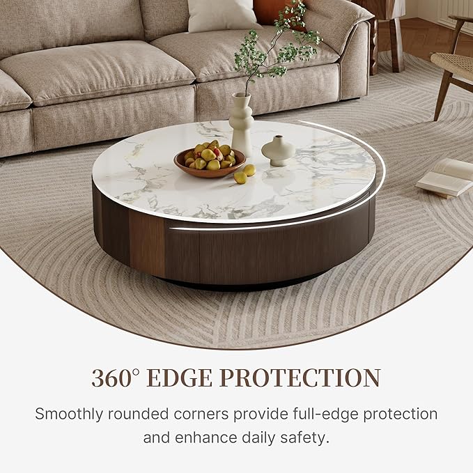 35.43" Modern Coffee Table for Living Room, Round Coffee Table with Storage Drawer, Sintered Stone Top with Metal Base, NO Assembly Living Room Table Tea Table for Home Office
