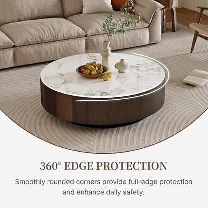 35.43" Modern Coffee Table for Living Room, Round Coffee Table with Storage Drawer, Sintered Stone Top with Metal Base, NO Assembly Living Room Table Tea Table for Home Office