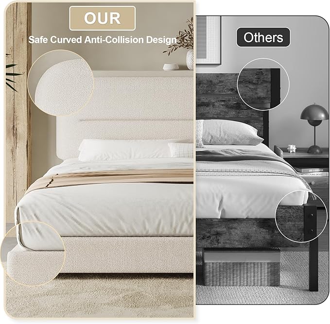 King Size Boucle Bed Frame, Upholstered Cloud with Headboard, Soft Platform with Thickened Footboard, Rounded Corners, No Box Spring Required, Easy Assembly, Cream
