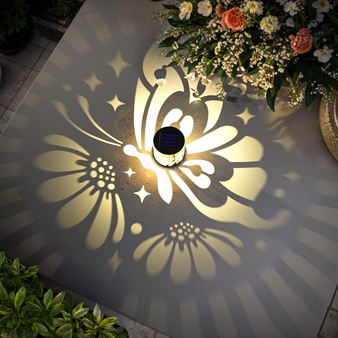 Solar Fence Lights 2 Pack Outdoor Deck Step Wall Lights Metal Waterproof LED Warm Yellow Light for Garden Post Patio Backyard Yard Decor (Butterfly-Flower, 2)