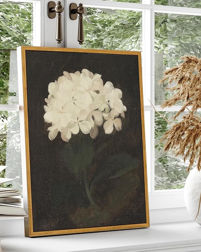 KBKBART Framed Wall Art Vintage Wall Art Room Decor, White Hydrangea Still Life Flower Canvas Oil Painting Prints, Classical Floral Wall Decor, Bedroom Bathroom Pictures Artwork（12“x16