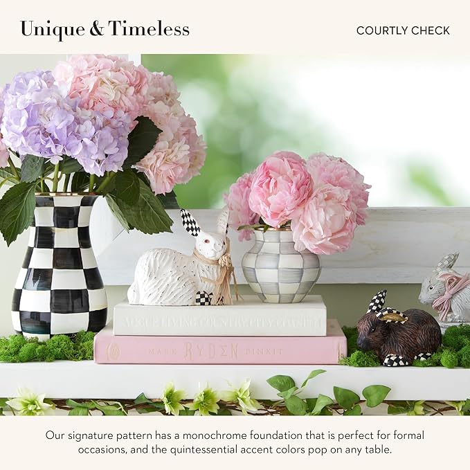 MACKENZIE-CHILDS Tall Enamel Vase, Unique Flower Vase, Decorative Table Decor for Living Room, Black-and-White Courtly Check