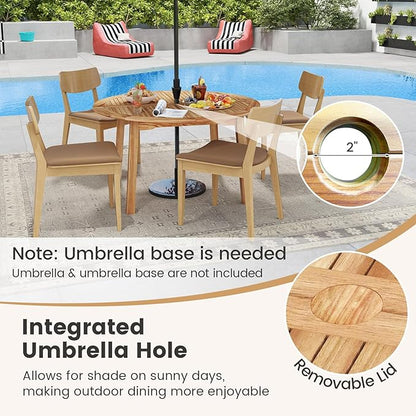 Tangkula Outdoor Round Dining Table for 4-6 People, 53 inch Patio Table with Acacia Wood Tabletop, 2 inch Umbrella Hole, Farmhouse Dining Furniture for Yard, Deck, Garden, Poolside