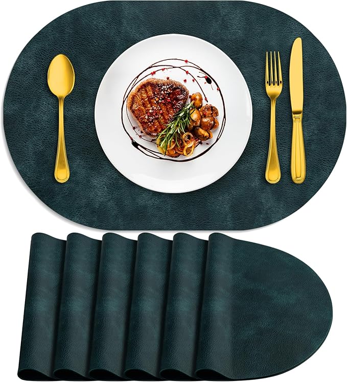ADRIMER Placemats, Heat Resistant Oval Placemats Set of 6 Washable 12 x 17 Inch, Waterproof Table Mats, Wipeable Pu Place Mats for Kitchen, Dining Room, Dark Blue