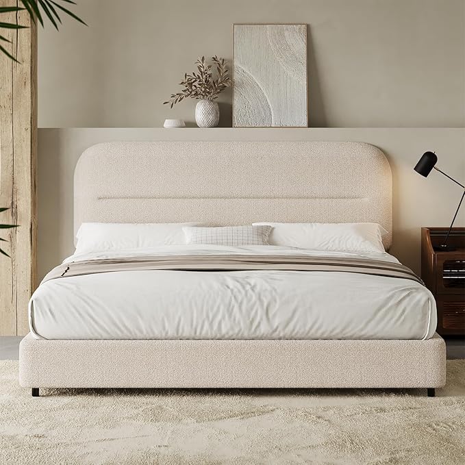 Full Size Boucle Bed Frame, Upholstered Cloud Bed with Headboard Soft,Modern Style/Thickened Footboard/Rounded Corners Design/No Box Spring Required/Easy Assembly, Beige