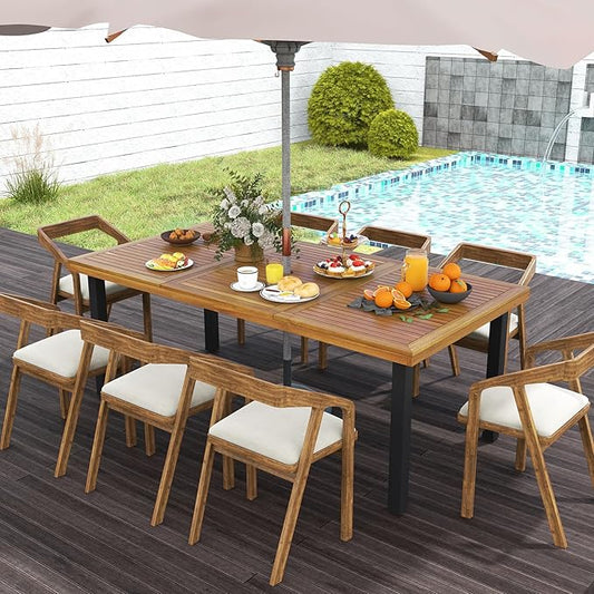 Tangkula 79 Inch Acacia Wood Dining Table, 8-Person Patio Table for Outdoors & Indoors, Rustic Rectangular Bistro Table with 1.9” Umbrella Hole, Metal Legs & Adjustable Foot Pads