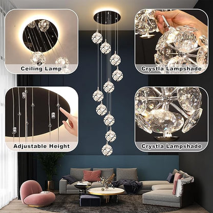 10-Light High Ceilings Long Chandeliers Modern Crystal Staircase Chandelier Hanging Lighting Fixtures Long Raindrop Hanging Chandeliers for Staircase,Foyer,Entryway