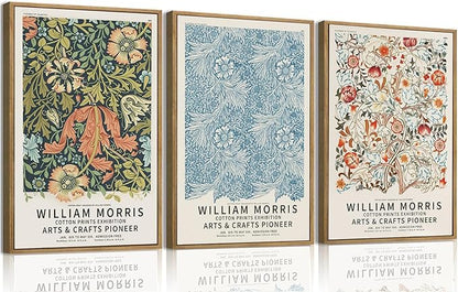 ILLBDR William Morris Framed Wall Art Vintage Aesthetic Canvas Wall Art Set of 3 Colorful Floral Prints Botanical Artwork Modern Gallery Pictures Decor for Bedroom Living Room 16x24 Inch