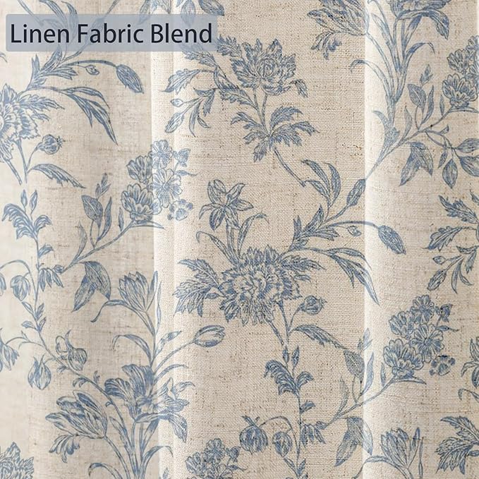 Blue Shower Curtain Floral Cotton Linen Cottagecore Shower Curtain for Bathroom 78" L x 72" W Long