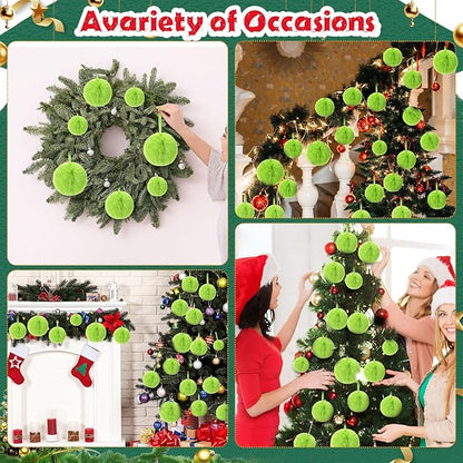 24 Pcs Green Furry Christmas Ball Ornaments for Tree 2.36/3.15/3.94 Inches Pom Pom Ball Christmas Hanging Decoration for Party Supplies Fireplace Mantel Wall Decor