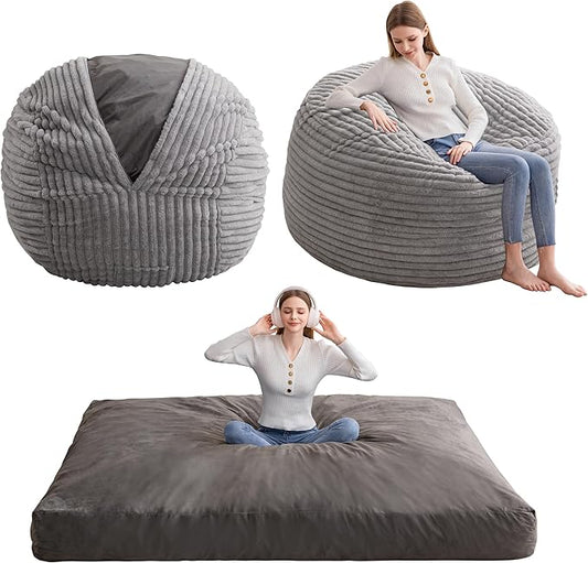 Giant Bean Bag Chair Bed for Adults, Convertible Beanbag Folds from Lazy Chair to Floor Mattress Bed with Machine Washable Cover, Large Floor Sofa Couch with High-Density Foam Filling