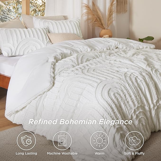 Bedsure Boho Tufted Queen Comforter Set - White Boho Bedding Comforter Sets, 3 Pieces Farmhouse Shabby Chic Embroidery Bed Set, Soft Fluffy Cozy Arch Pattern Comforter for All Seasons