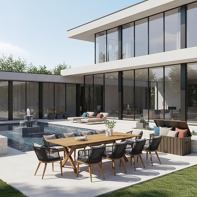 PURPLE LEAF 11 Pieces Patio Dining Table Set with StorageBox Wicker Teak-Finish Outdoor Furniture Rectangular Table and Chairs Set for Garden Deck Backyard Kitchen, Cushions and Pillows Included