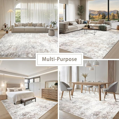 Modern Washable Rugs 9x12 Area Rugs for Living Room,Abstract Rugs for Bedroom,Large Carpets,Ultra Soft Faux Wool Retro Dining Room Rug,Non Slip&Non-Shedding Low Pile Print Rug- Beige Grey