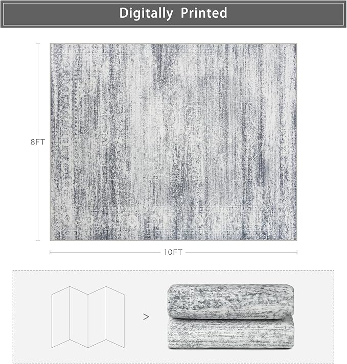 Washable Rugs 8x10 Area Rugs for Living Room,Rugs for Bedroom,Large Carpets,Ultra Soft Faux Wool Retro Dining Room Rug,Non Slip&Non-Shedding Low Pile Vintage Print Rug for Home Office-Grey Cream