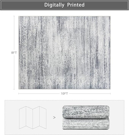 Washable Rugs 8x10 Area Rugs for Living Room,Rugs for Bedroom,Large Carpets,Ultra Soft Faux Wool Retro Dining Room Rug,Non Slip&Non-Shedding Low Pile Vintage Print Rug for Home Office-Grey Cream