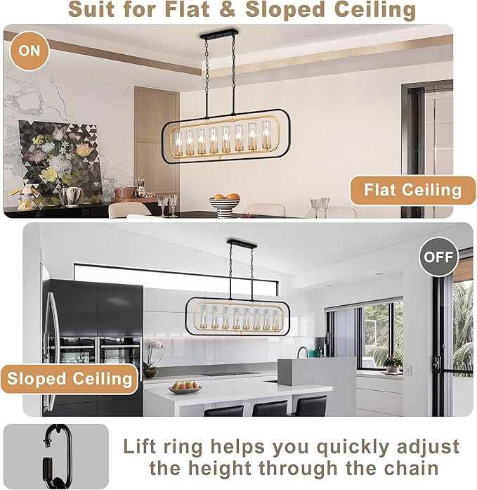 Dining Room Light Fixture, 8 Lights Modern Farmhouse Chandelier Kitchen Island Lights Black and Gold Linear Chandeliers for Dining Room, 46" Large Pendant Lights with Clear Glass