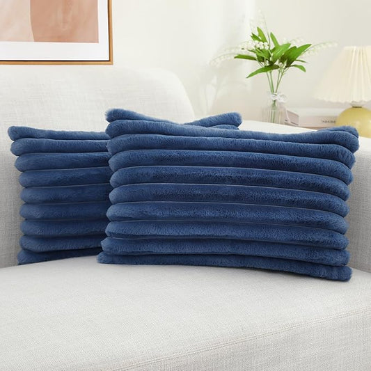 decorUhome Faux Fur Throw Pillow Covers 12x20 Set of 2, Decorative Soft Plush Striped Lumbar Neutral Euro Pillow Covers with Velvet Back for Bed, Living Room Home Decor, Blue