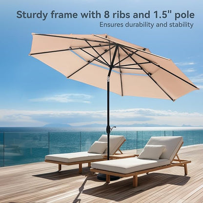 PHI VILLA 10ft Patio Umbrellas, Outdoor 3 Tier Vented Large Market Table Umbrella with 8 Sturdy Ribs and 1.5" Umbrellla Pole for Lawn Poolside Garden Terrace, Beige(No Base)