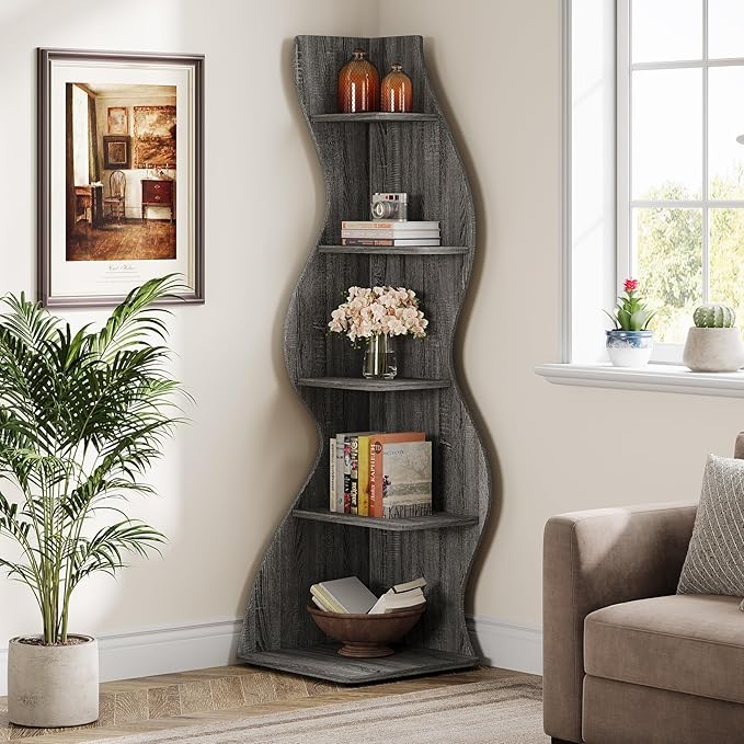 Tribesigns Wavy Corner Shelf, Modern 5-Tier Bookshelf Bookcase with Curvy Shape, Unique Plant Stand Display Rack for Living Room Small Space (Gray)