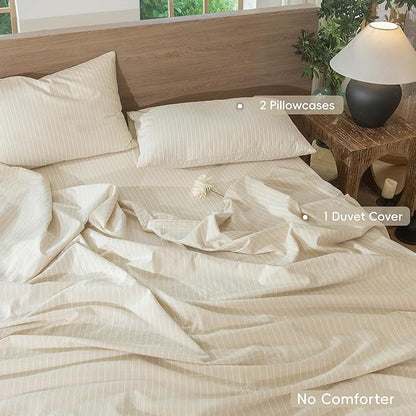 MooMee Striped Duvet Cover Set 100% Washed Cotton Linen Like Textured Breathable Durable Soft Comfy (Almond Milk Grey White Wide Stripes, Queen 90"x90")