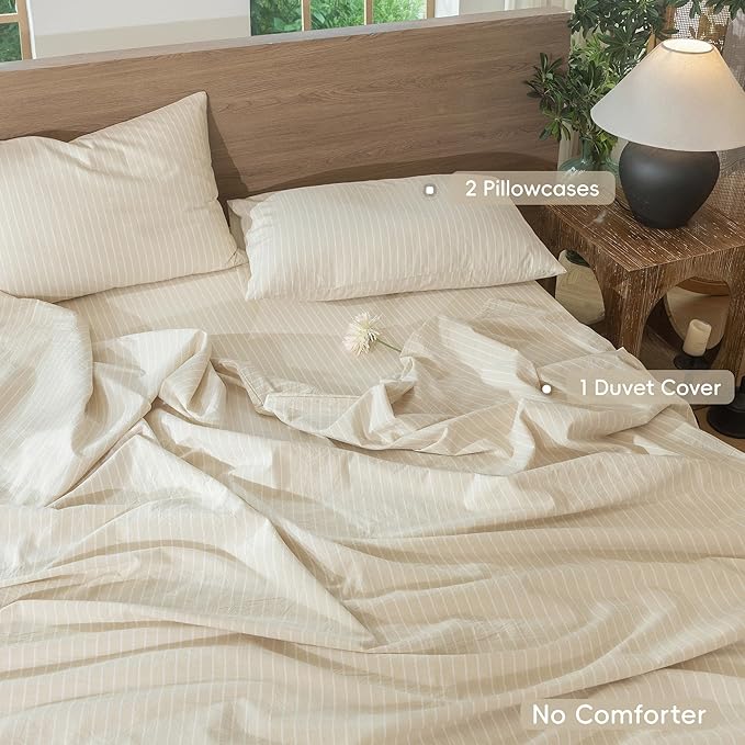 MooMee Striped Duvet Cover Set 100% Washed Cotton Linen Like Textured Breathable Durable Soft Comfy (Almond Milk Grey White Wide Stripes, Palatial King/Oversized King 120"x98")