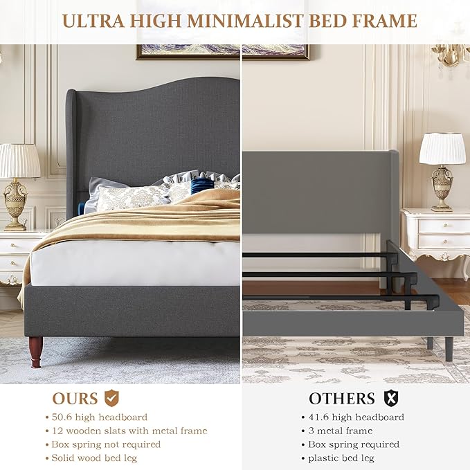 Full Size Bed Frame Upholstered Platform Bed with 51" Tall Headboard Wingback, Soft Fabric, Retro Simple Style Platform Bed No Box Spring Needed, Easy Assembly, Grey