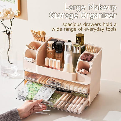 Makeup Organizer for Vanity with 2 Large Drawers, Cosmetic Display Case with Brush Holders, Easy to Storage for Bathroom Countertop Skincare, Desk Office Supplies, Cream White