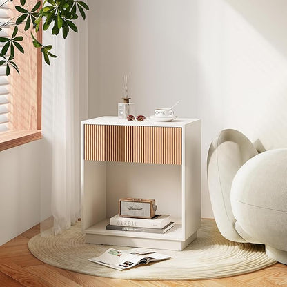Fluted Nightstands Set of 2, Modern Bedside Table with Drawer and Storage Shelf, Wood End Table Mid Century Night Stands for Bedroom Living Room Office (White+Oak)