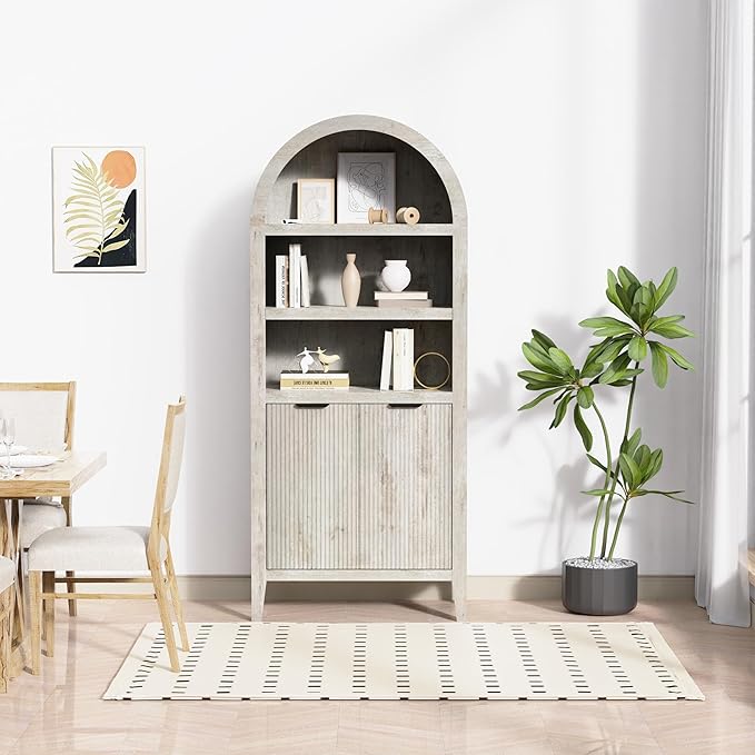 blini Tall Arched Bookcase with Doors, Wooden Arch Bookshelf 5-Tier Rounded Bookshelf Multi-Depth Display Storage Cabinet for Living Room