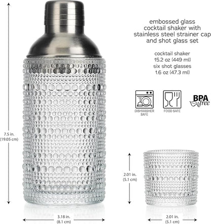 Glaver's Cocktail Shaker Set, Glass 15.2 oz Shaker, 6 Hobnail Shot Glasses, Stainless Steel Strainer Cap,Glass Shaker Set for Bars. Dishwasher Safe