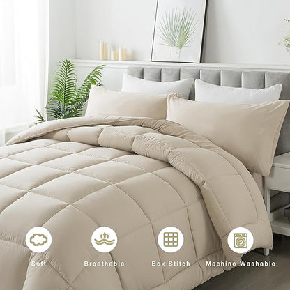 DOWNCOOL Queen Comforter Set -All Season Bedding Comforters Sets with 2 Pillow Cases-3 Pieces Bedding Sets Queen -Down Alternative Beige Queen Size Comforter Sets(88"x90")