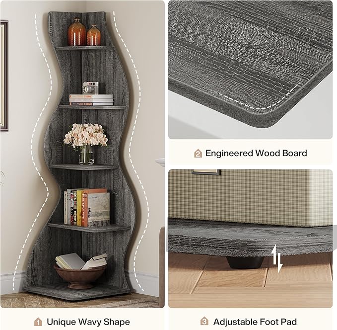 Tribesigns Wavy Corner Shelf, Modern 5-Tier Bookshelf Bookcase with Curvy Shape, Unique Plant Stand Display Rack for Living Room Small Space (Gray)