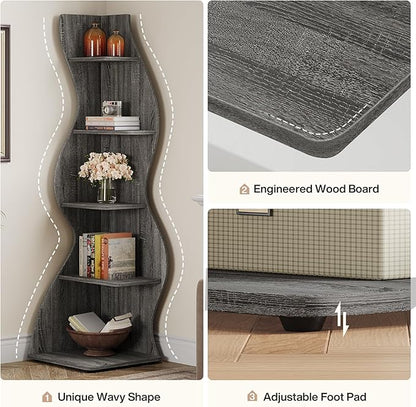 Tribesigns Wavy Corner Shelf, Modern 5-Tier Bookshelf Bookcase with Curvy Shape, Unique Plant Stand Display Rack for Living Room Small Space (Gray)