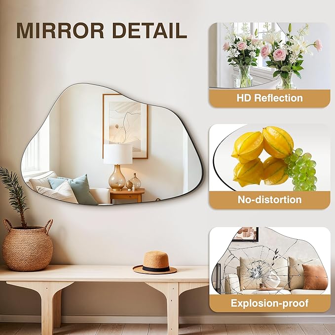 FICTOR Irregular Asymmetrical Wall Mirror, 36" x 24" Modern Decorative Mirror for Entryway, Bathroom, Bedroom, Living Room, Dining Room