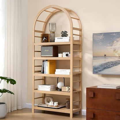 5-Tier Solid Wood Open Bookcase, Modern Arched Bookshelf, Home Office Shelf Storage Organizer, Storage Display Rack Shelf for Living Room (Natural)