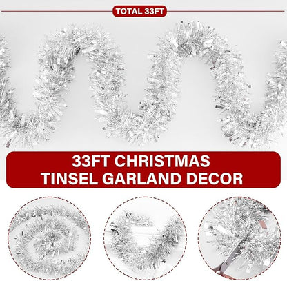 33FT Silver Tinsel Christmas Garland Metallic Twist Shiny Garland for Christmas Tree Decorations, Xmas Holiday Hanging Garland for Home Indoor Outdoor Party Supplies Decor