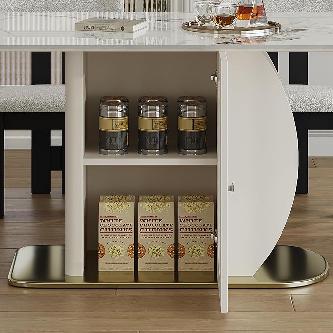 Montary 63" Modern 4-6 Person Dining Table with Storage Cabinet, Artificial Marble Dining Table with Sintered Stone Tabletop & Golden Solid Wood Base, Includes 6 White Velvet Chairs for Kitchen