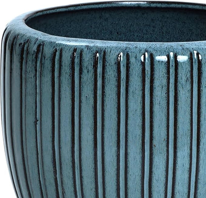 LuxenHome 11" Dia Ceramic Planters, Indoor Outdoor Large Plant Pots with Drainage Holes and Rubber Plug, Modern Glazed Decorative Flower Pots, Sea Green Ribbed Round Planters for Home Garden Patio