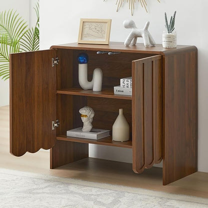 ORRD Sideboard Buffet Cabinet, Accent Storage Cabinets with 2 Doors, Farmhouse Wood Cabinet with Adjustable Shelves and Wave Panel for Living Room, Dining Room, Entry - Walnut