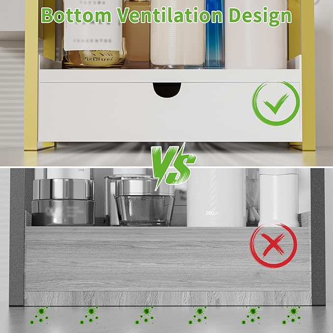 2-Tier Bathroom Counter Organizer with Drawer and Basket, Wood Countertop Organizer for Storage, Skincare Organizers for Vanity, Counter Shelf for Bathroom Organization(White-gold)