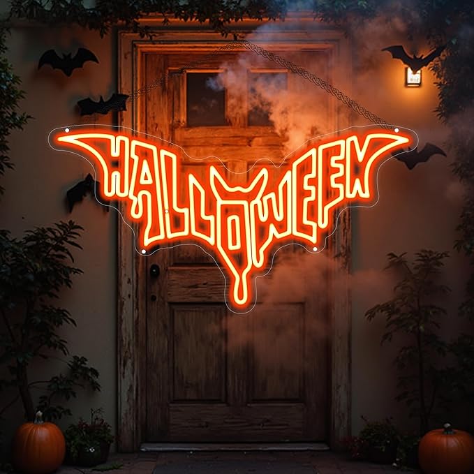 Halloween Bat Shaped Neon Sign Spooky Red LED Wall Decor For Haunted House Party Gothic Bar Room Glowing Halloween Decoration Outdoor Use Bedroom Home Decor Bar LED Decoration Light-Orange