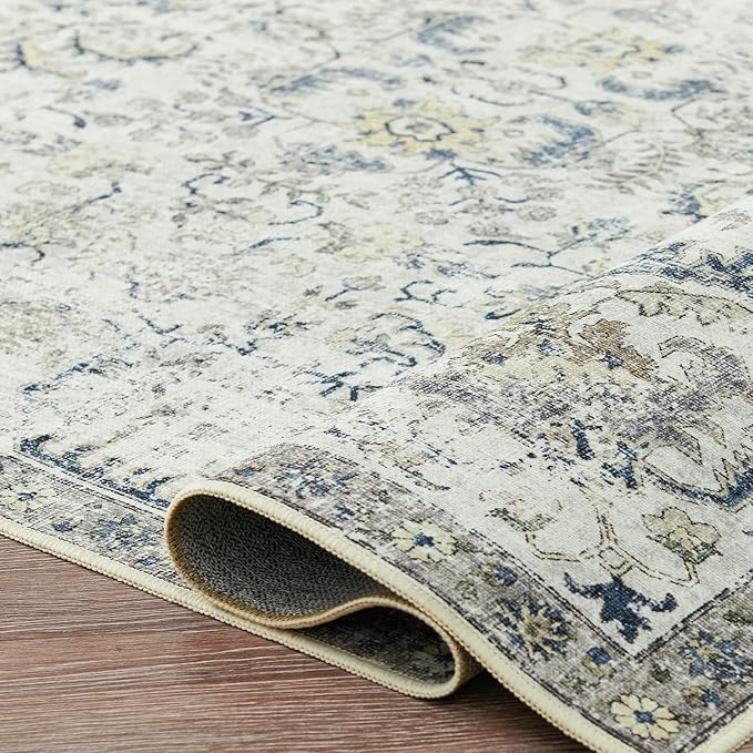 jinchan Vintage Floral Washable Area Rug 5x7 Non-Slip Low Pile Carpet, Blue Multi