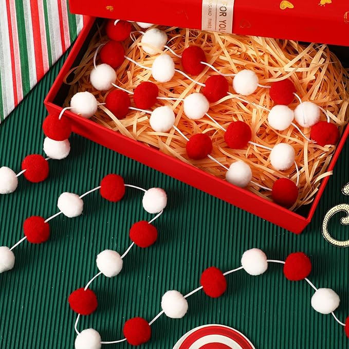MARFOREVER 4 Pack 26.3 Feet Red and White Christmas Decorations Christmas Pom Pom Garland 30 Balls Xmas Felt Ball Garland for Xmas School Classroom Mantel Wall Home Party Decor Hanging Ornaments