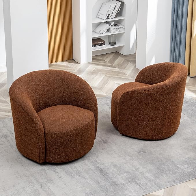 KINWELL 34" W Swivel Barrel Chair Set of 2, Mid Century Modern Round Upholstered Boucle Swivel Accent Chairs, No Assembly Chair for Living Room Bedroom Reading, Brown