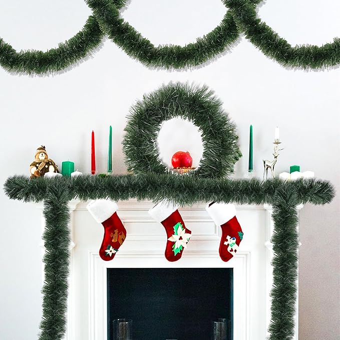 50 Foot Green Christmas Garland Christmas Decorations, Artificial Greenery Pine Garlands Xmas Decor Soft Tinsel Garland Non-Lit for Stairs Mantle Fireplace Home Indoor Outdoor Holiday Party Supplies